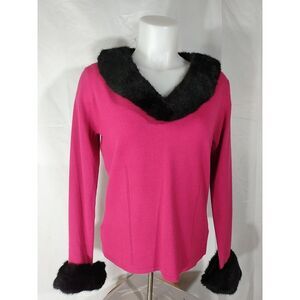 norton mcnaughton Hot Pink Pullover With Removable Neck/Cuff Fur Sweater Size PM
